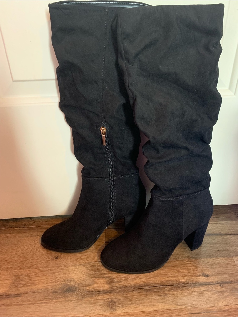 Wonderly Black Slouch Block Heel Boots with Side Zip Accent